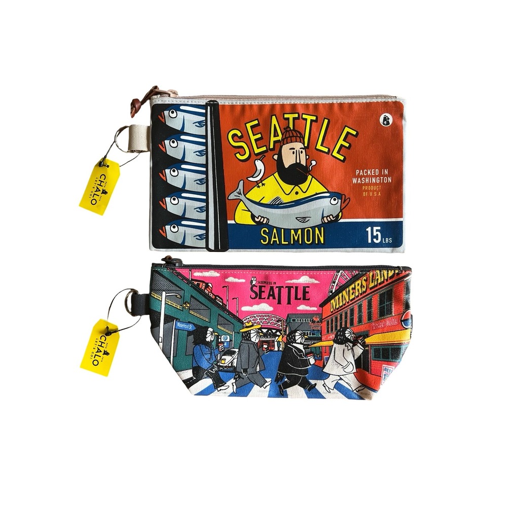 NWT Chalo & Co Seattle Zip-Pouch Set 2 Sleepless in Seattle & Salmon Canvas Bags
